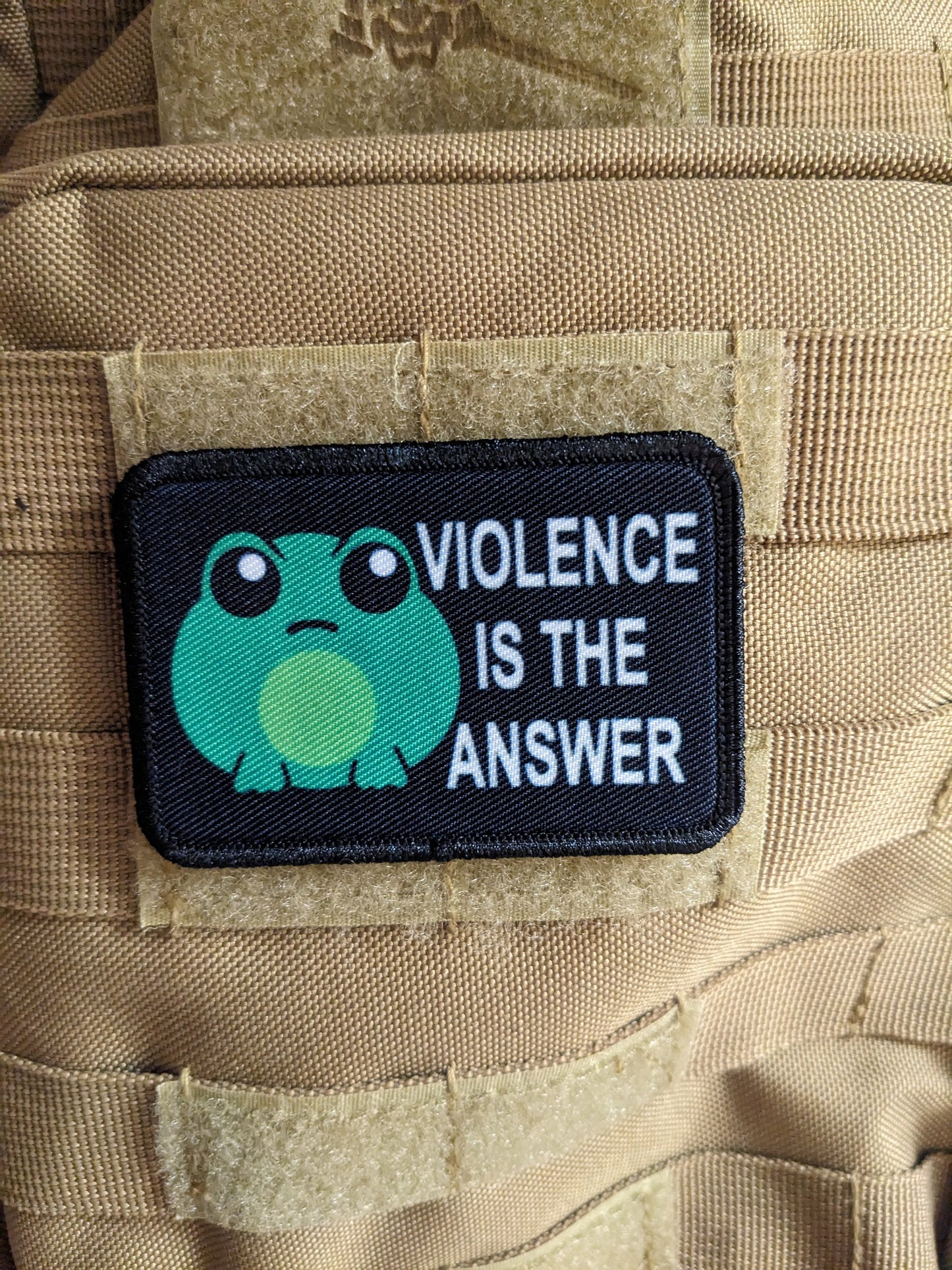 Cute frog violence is the answer meme 2"x3" morale patch with hook and loop backing