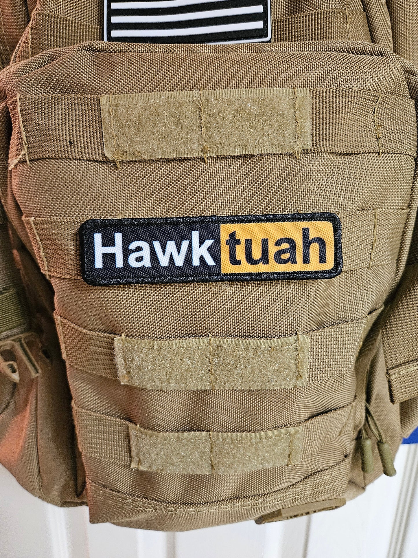 Hawk tuah spicy 1"x4" removable morale patch with hook and loop backing good for back of operator hats