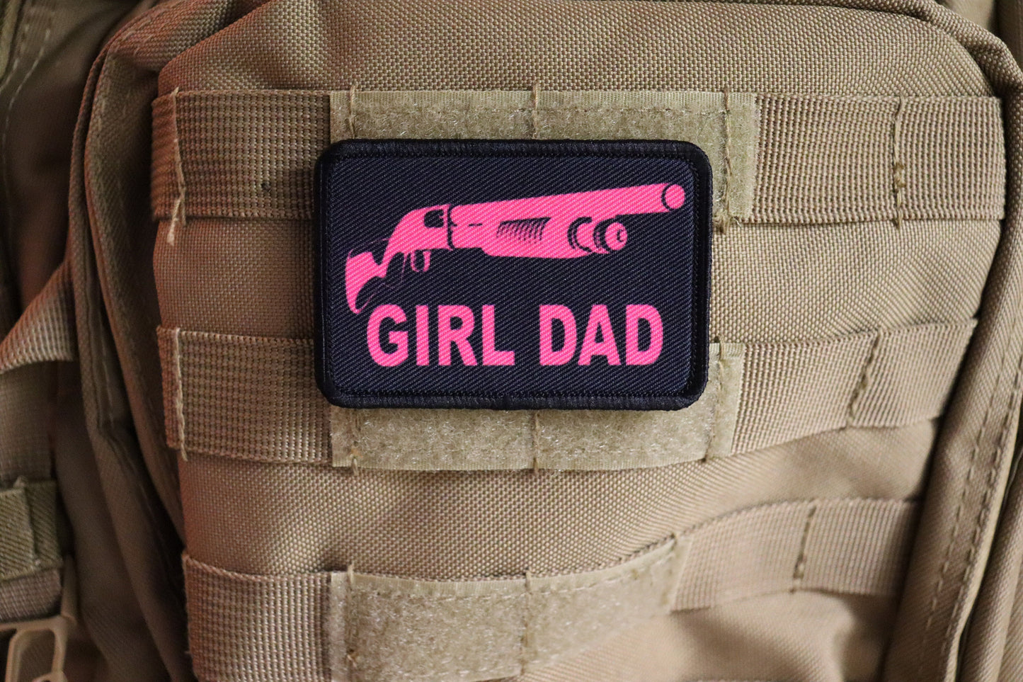 Girl Dad shotgun funny parenting joke 2"x3" white morale patch with hook and loop backing
