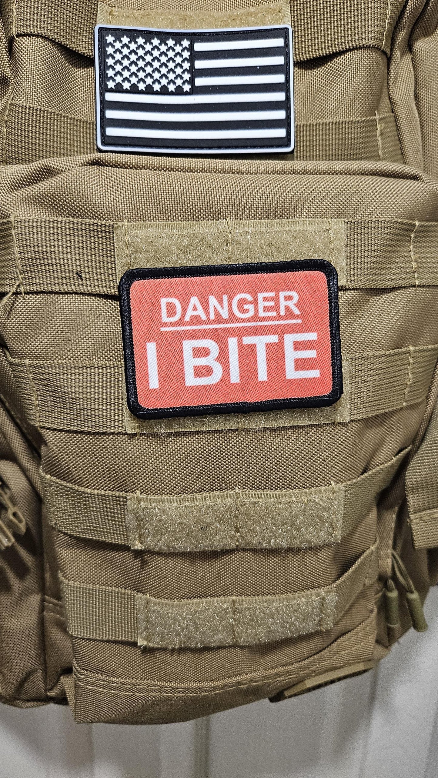 Danger I bite dog vest patch 2"x3" removable morale patch with hook and loop backing
