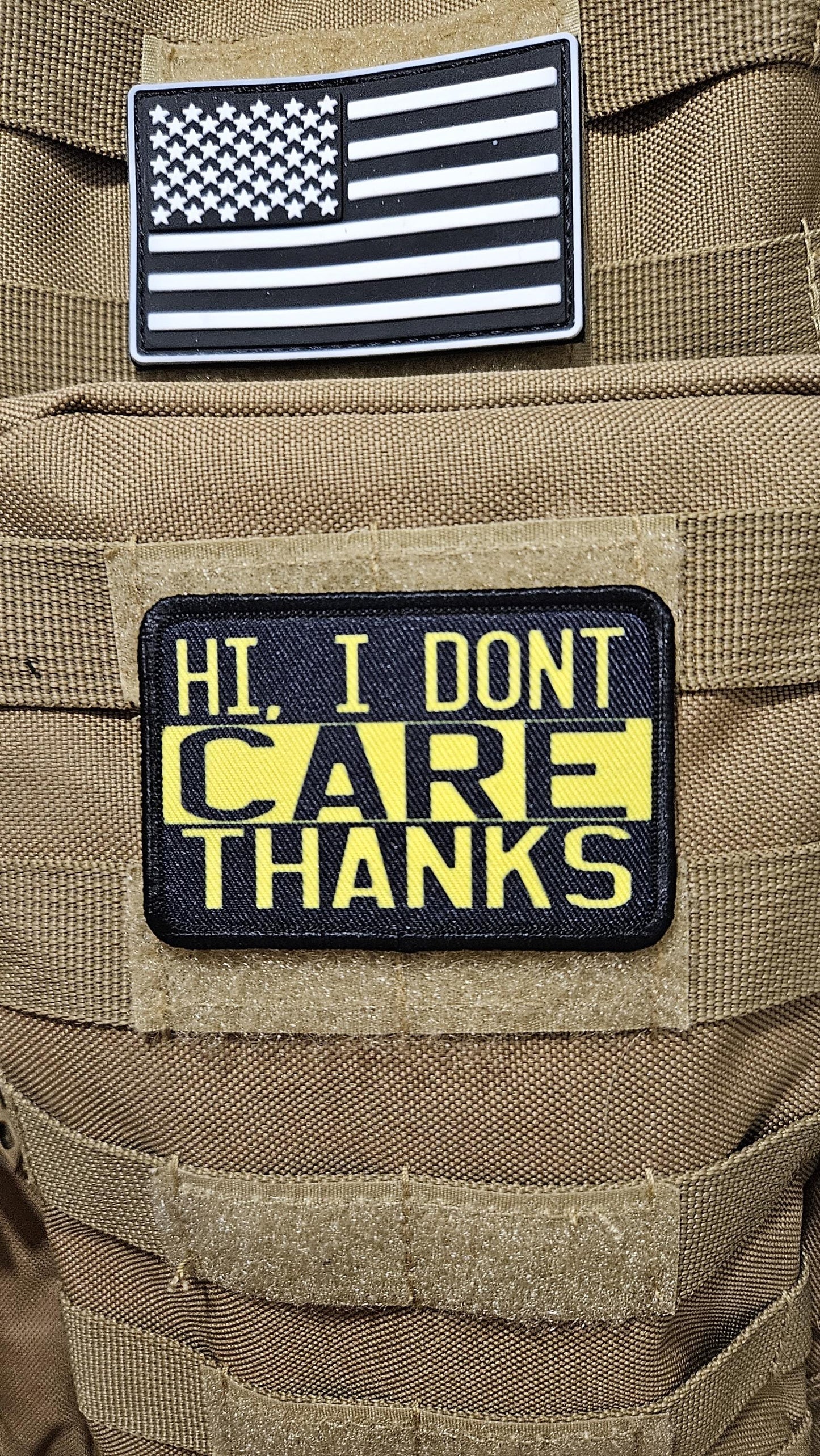 I don't care thanks meme sarcastic removable patch 2"x3" morale patch with hook and loop backing