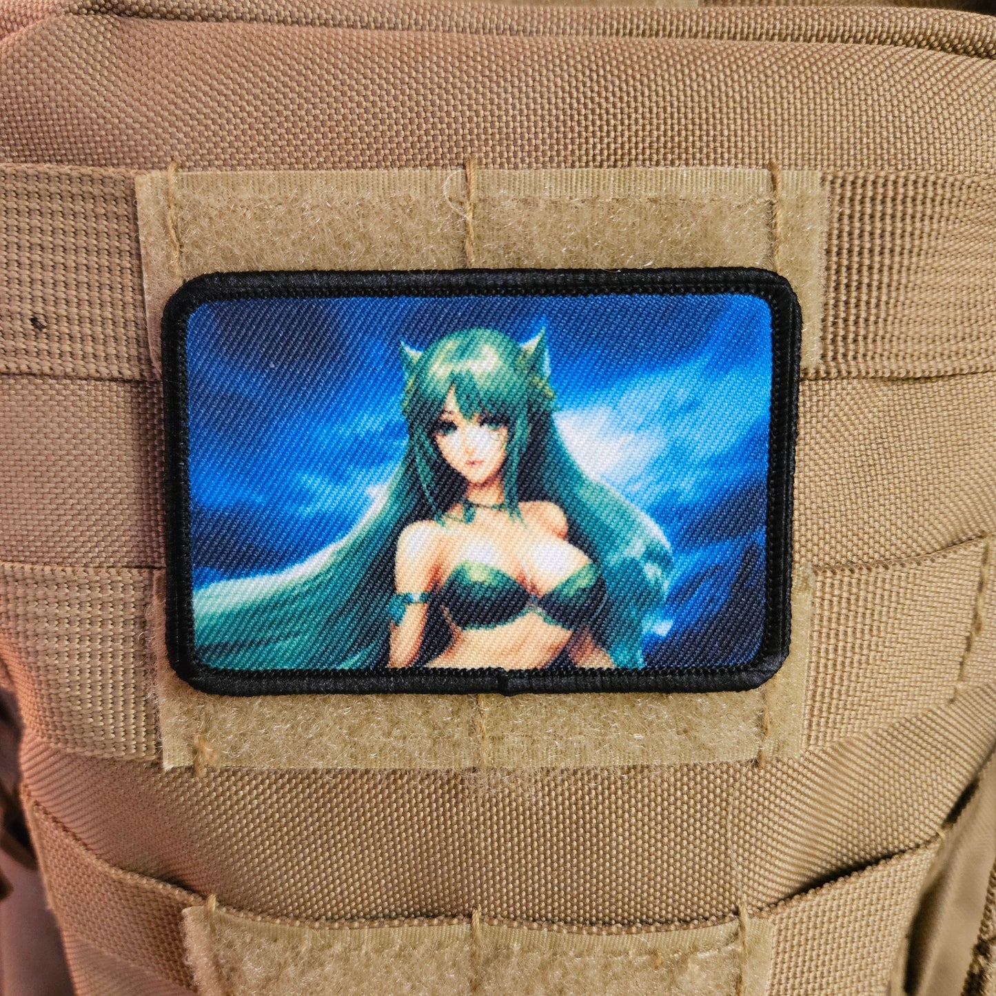 Green hair waifu Sexy Anime girl cleavage bikini 2"x3"  removable morale patch with hook and loop backing