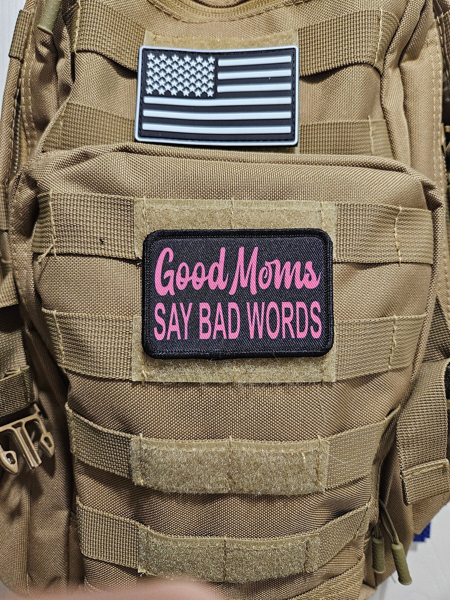 Good moms say bad words meme 2"x3" removable morale patch with hook and loop backing