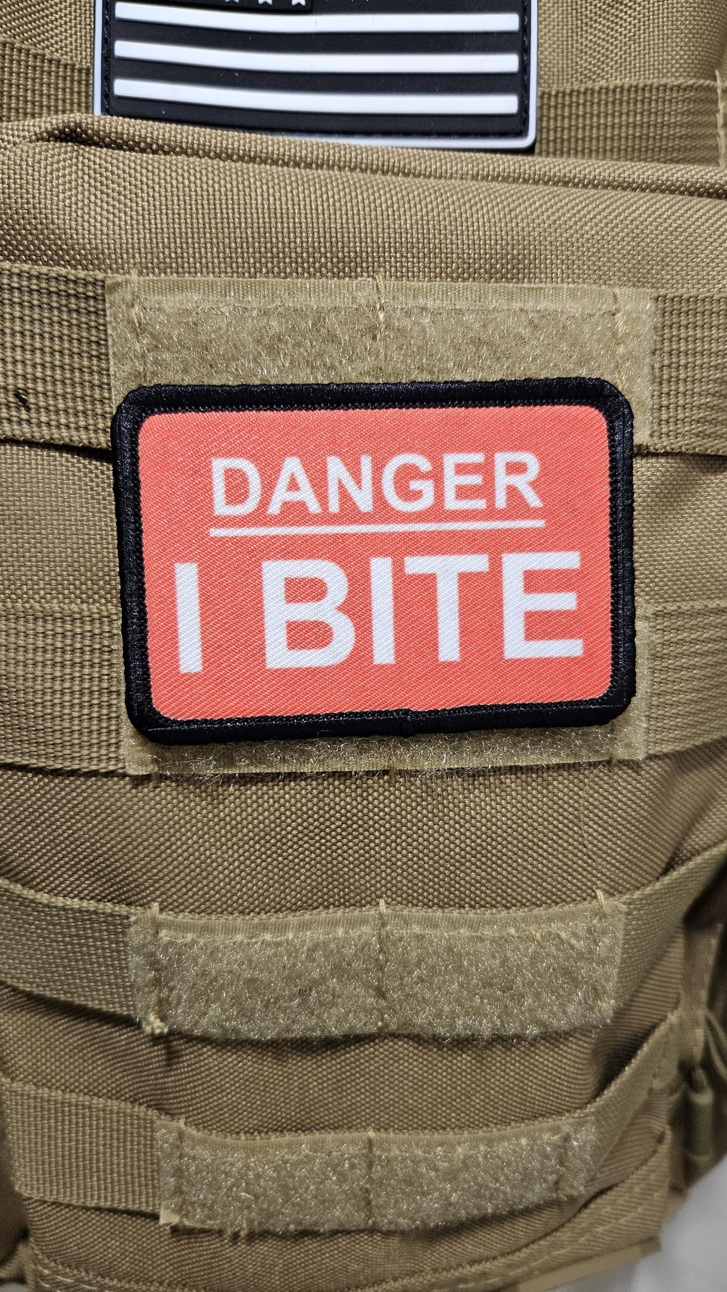 Danger I bite dog vest patch 2"x3" removable morale patch with hook and loop backing