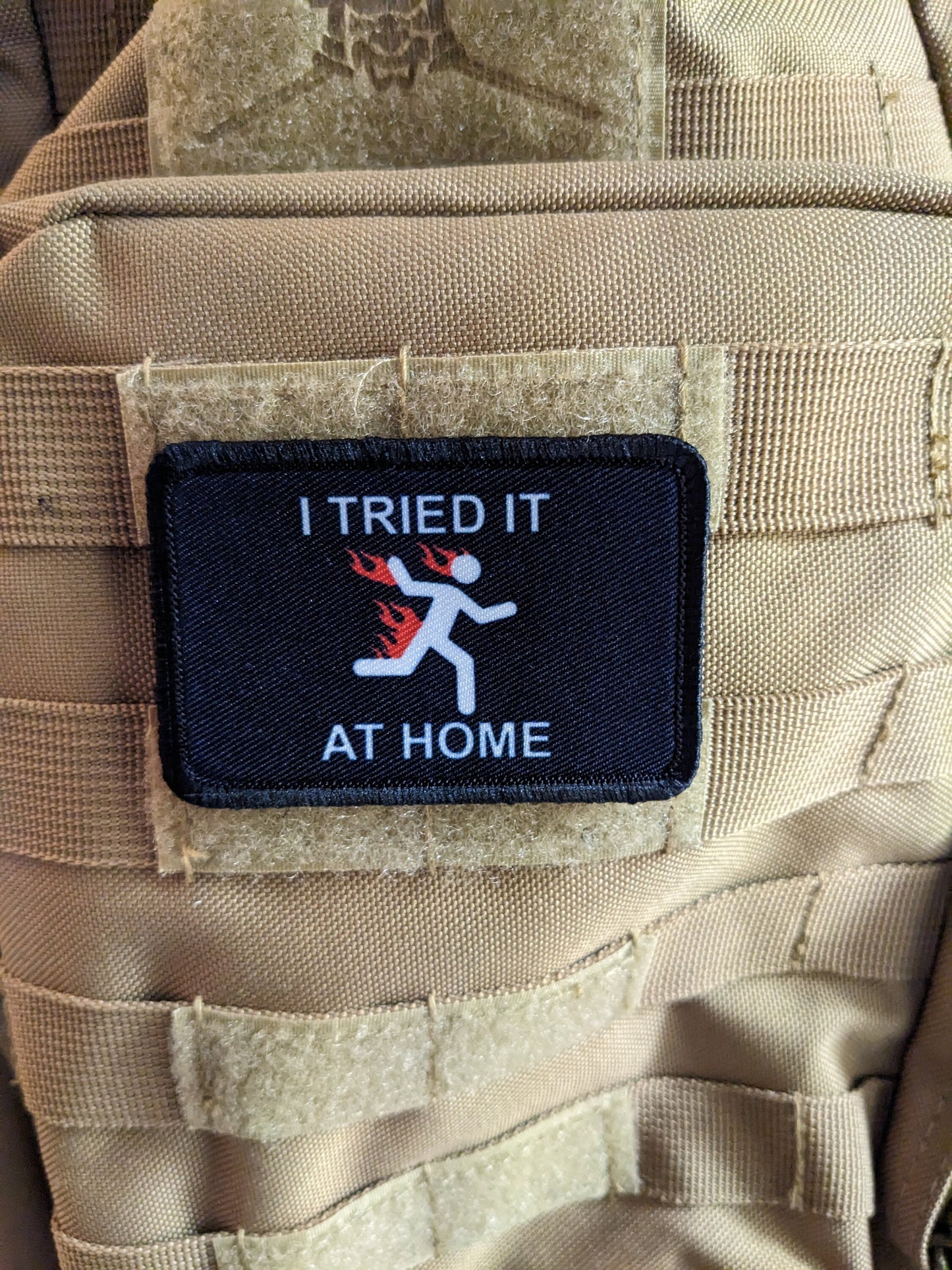 Don't try this at home joke meme  2"x3" morale patch with hook and loop backing