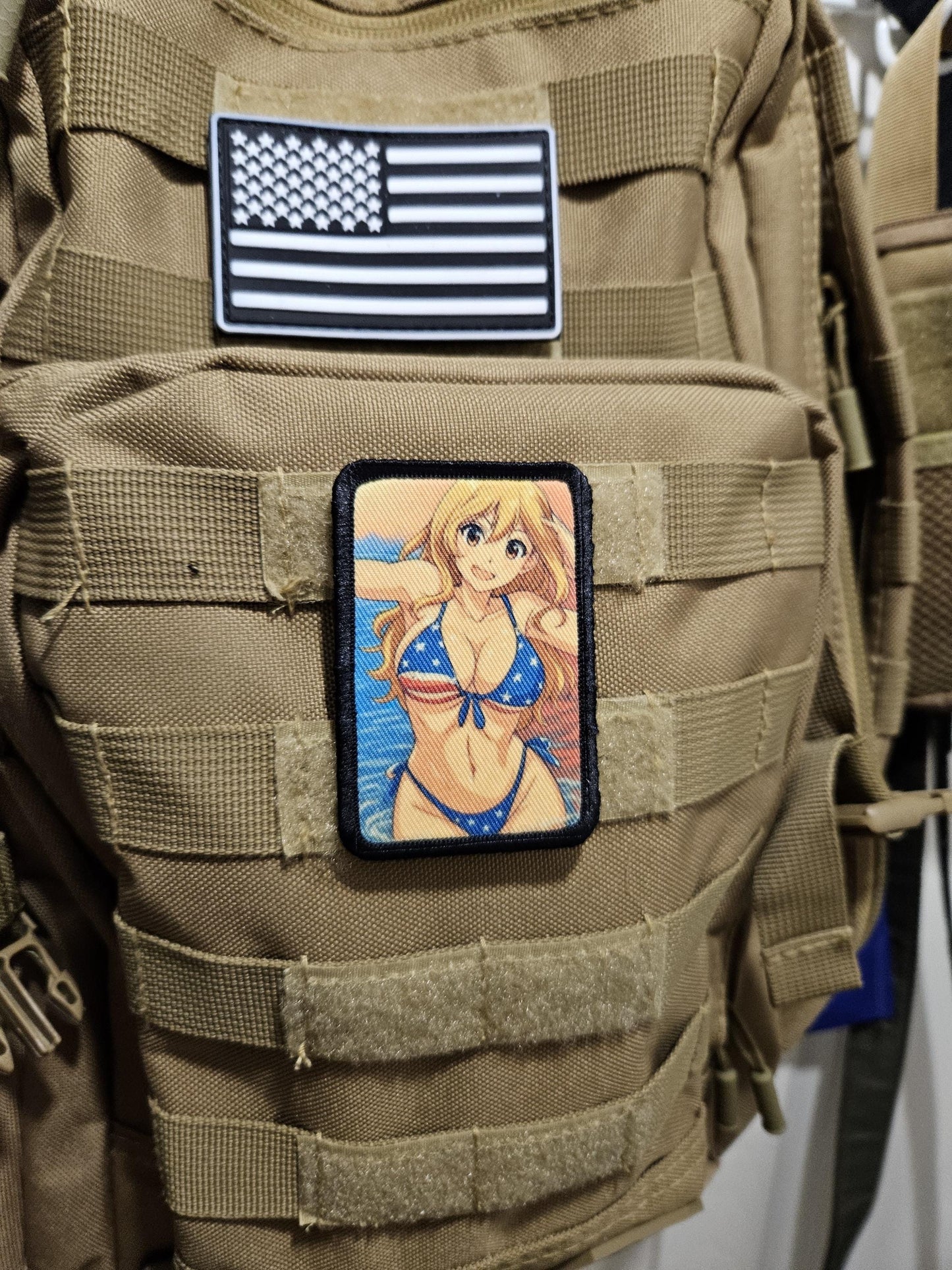 Sexy Anime girl cleavage american flag bikini waifu 2"x3"  removable morale patch with hook and loop backing