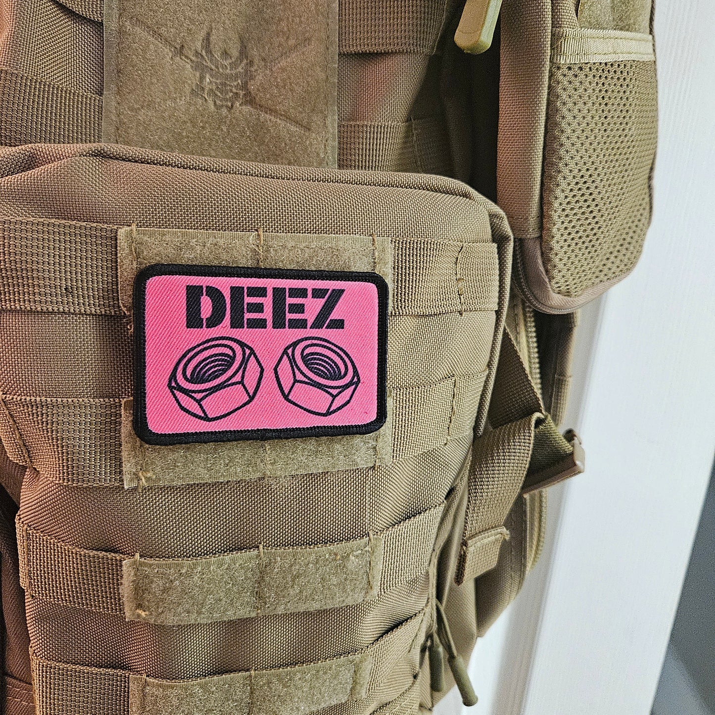 Deez nuts and bolts funny removable patch pink 2"x3" morale patch with hook and loop backing