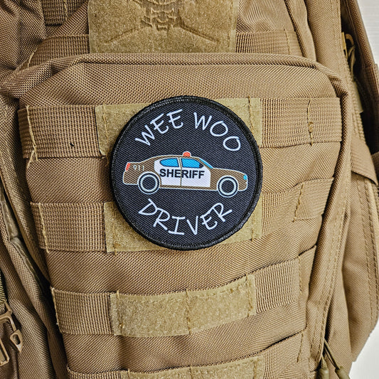 Wee woo driver sheriff car driver funny 3" circle removable morale patch with hook and loop backing