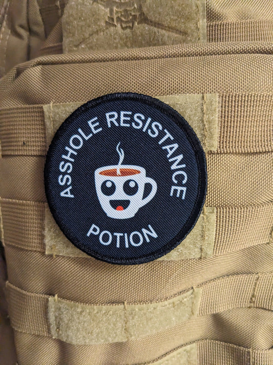 Asshole resistance potion coffee meme 3" circle removable morale patch with hook and loop backing