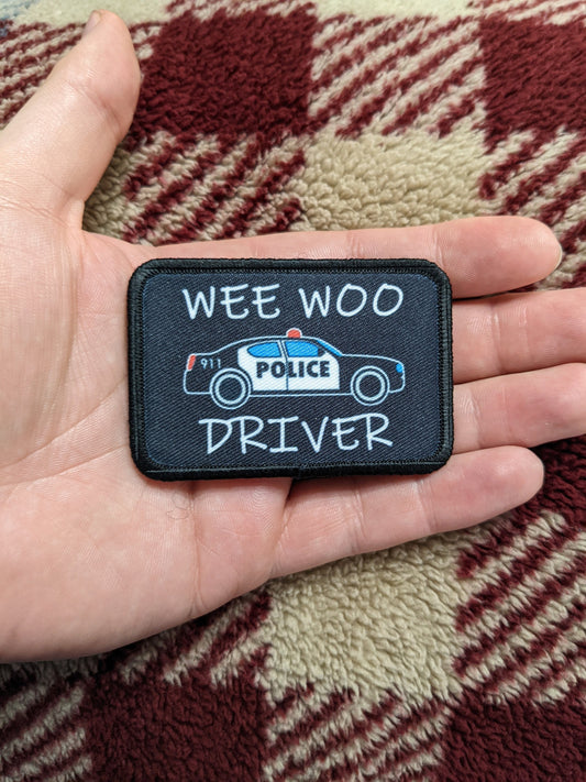 Wee woo driver police car driver funny 2"x3" removable morale patch with hook and loop backing