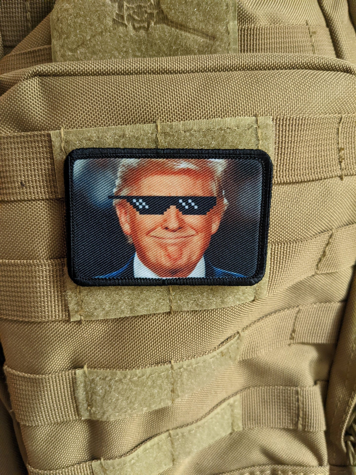 donald deal with it sunglasses meme funny 2"x3" morale patch with hook and loop backing green background