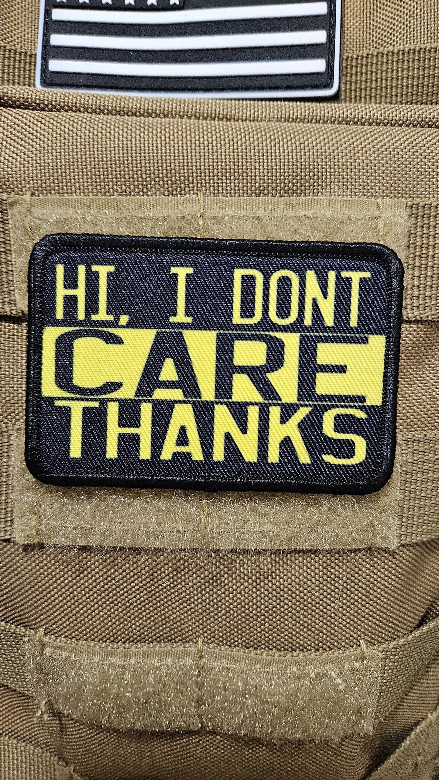 I don't care thanks meme sarcastic removable patch 2"x3" morale patch with hook and loop backing