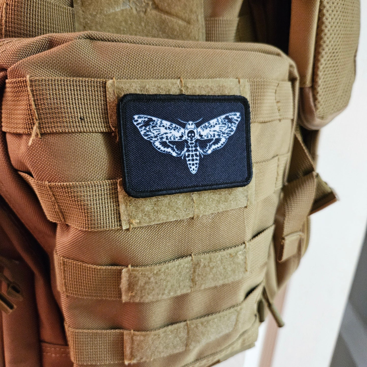 Death's head moth goth black background funny  2"x3" morale patch with hook and loop backing
