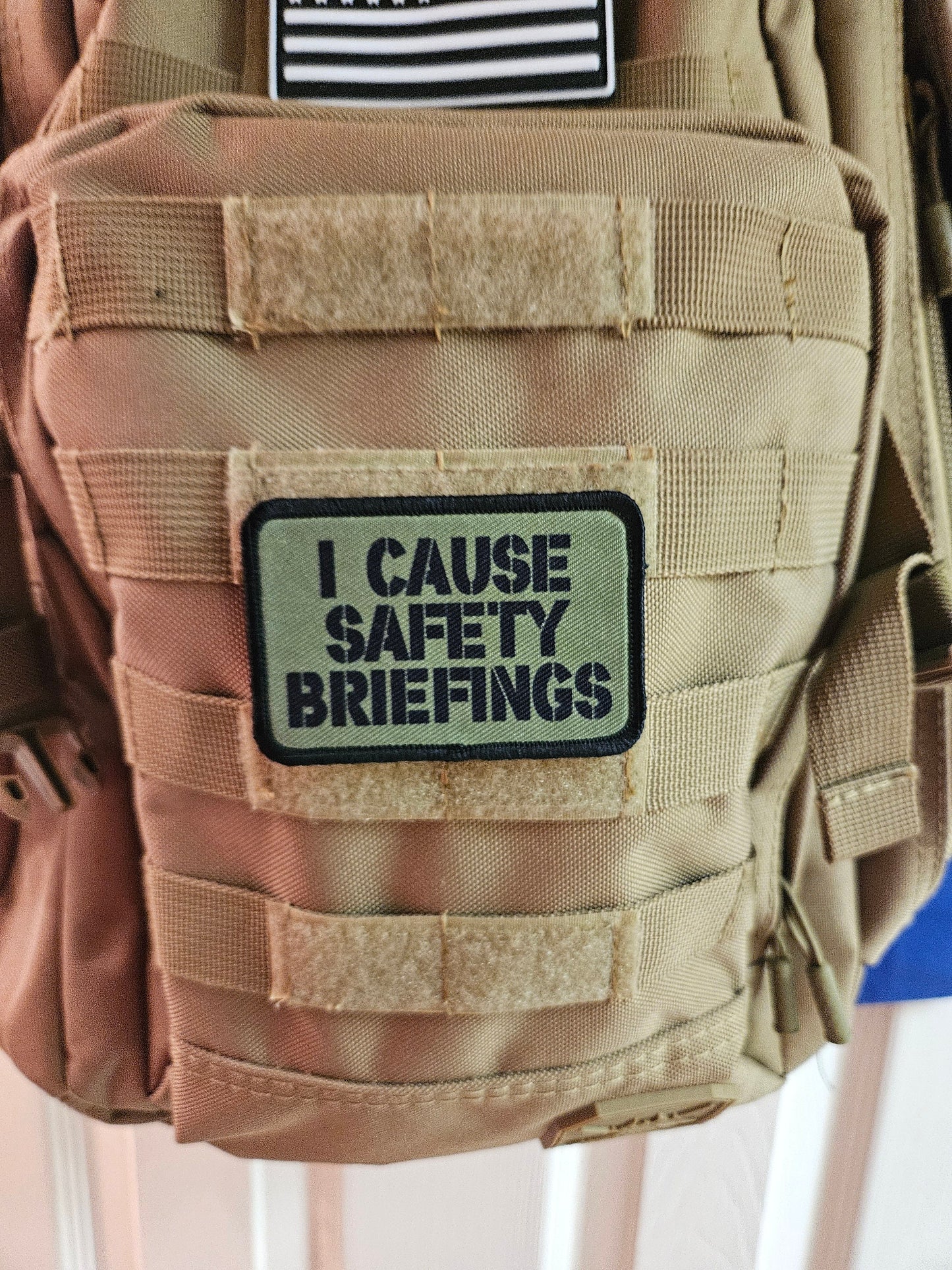 I cause safety briefings funny meme edc olive green  2"x3" morale patch with hook and loop backing military joke meme