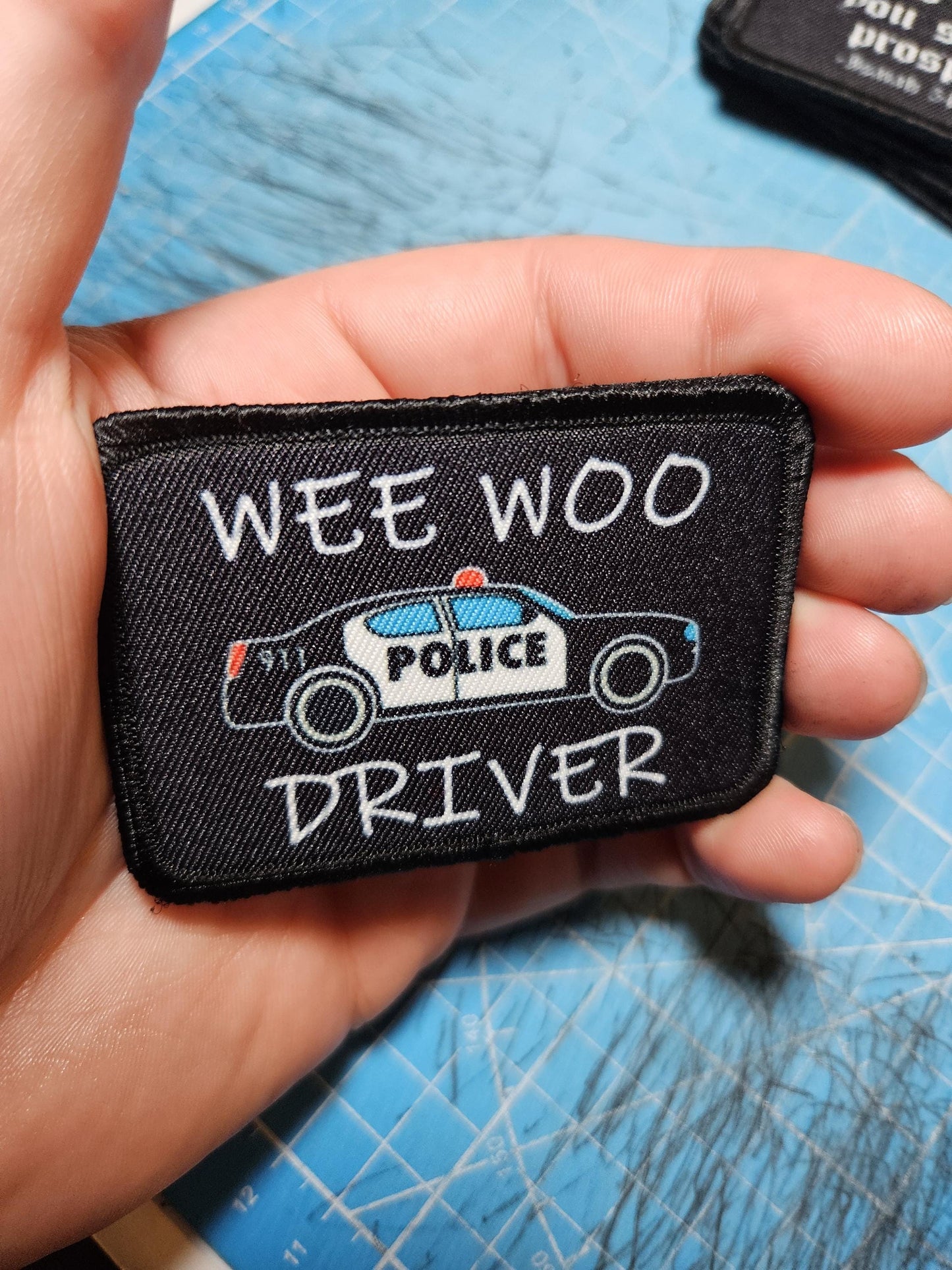 Wee woo driver police car driver funny 2"x3" removable morale patch with hook and loop backing