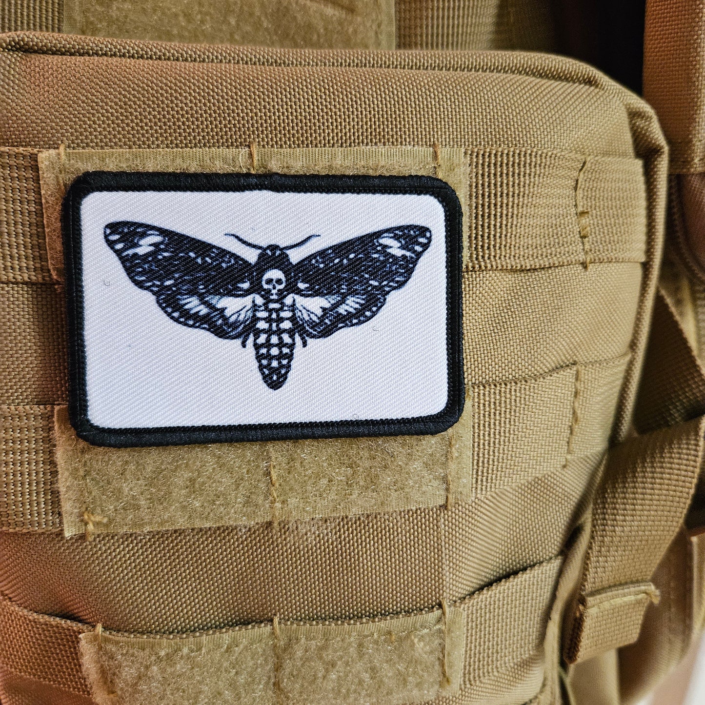 Desths head moth white background funny  2"x3" morale patch with hook and loop backing