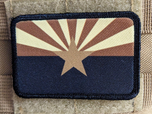 Subdued tan and brown Arizona state flag removable patch 2"x3" morale patch with hook and loop backing