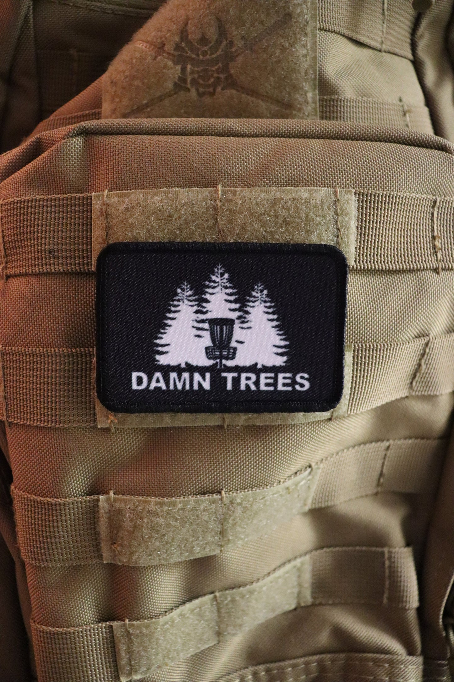 damn trees Disc Golfer funny meme 2"x3" morale patch with hook and loop backing