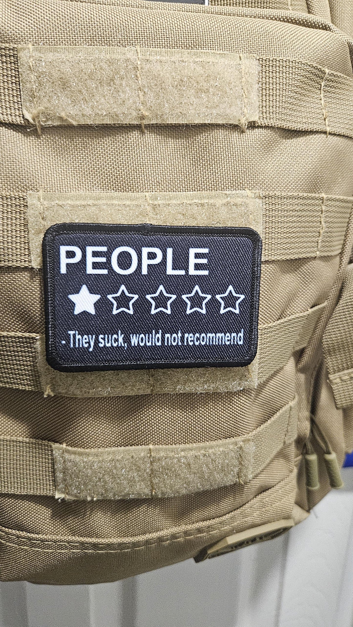 People one stare review meme 2"x3" morale patch with hook and loop backing