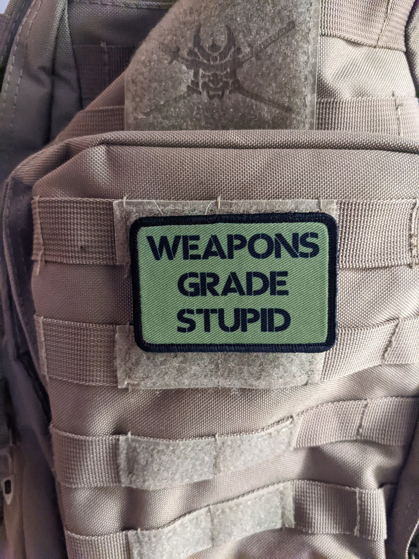 Weapons grade stupid army military navy funny 2"x3" morale patch with hook and loop backing green background