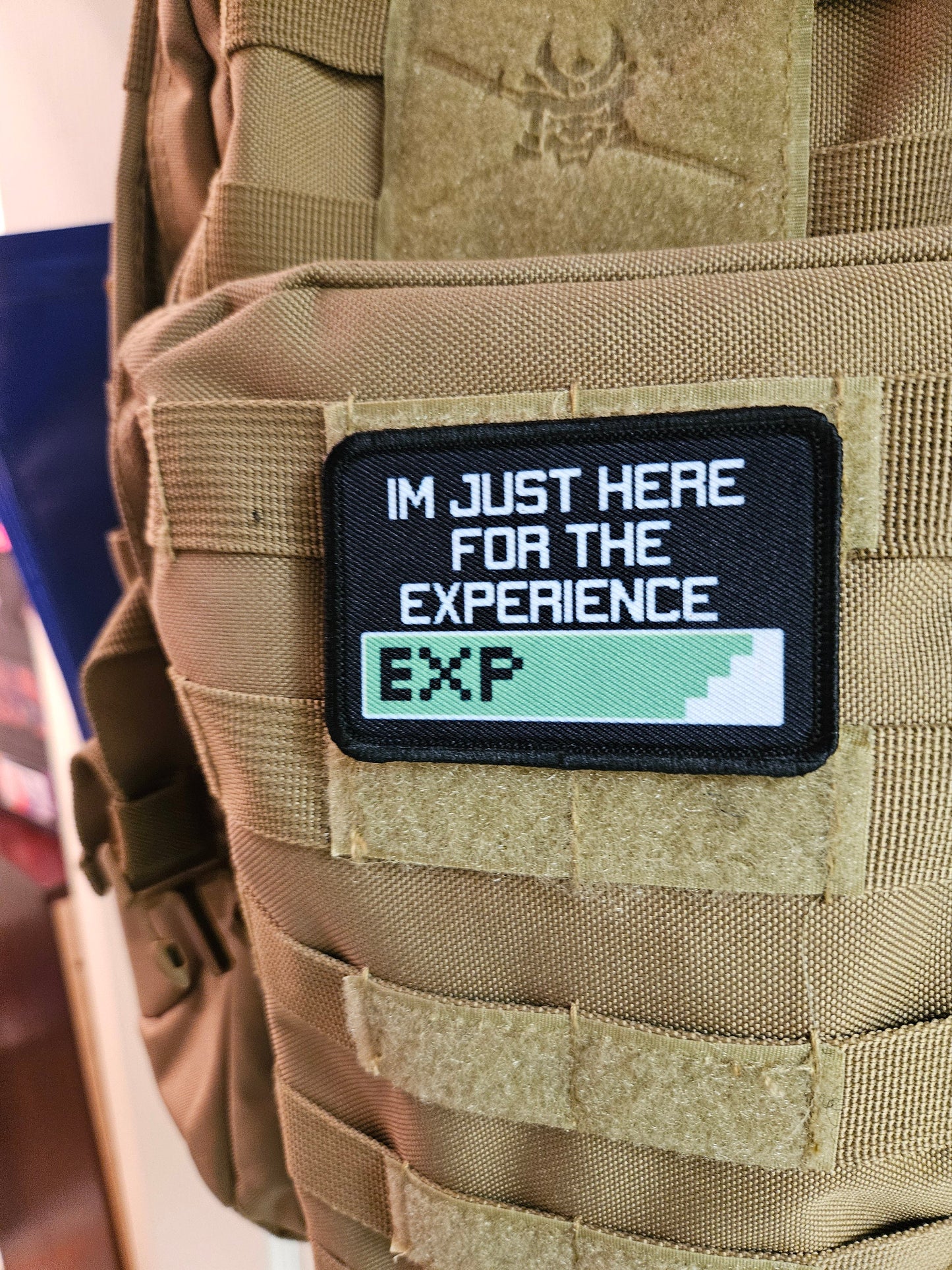 I'm just here for the experience gaming meme 2"x3" removable morale patch with hook and loop backing
