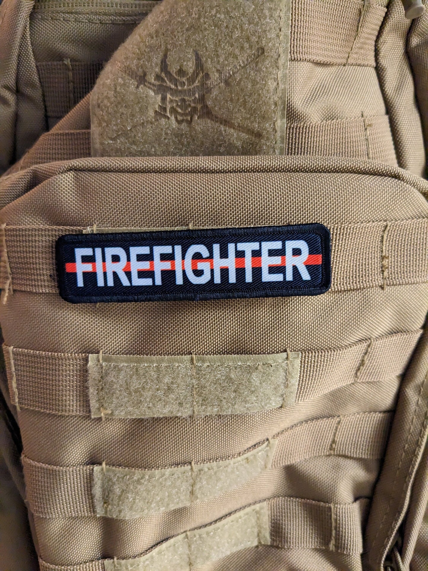 Firefighter red line 1"x4" removable morale patch with hook and loop backing good for back of operator hats