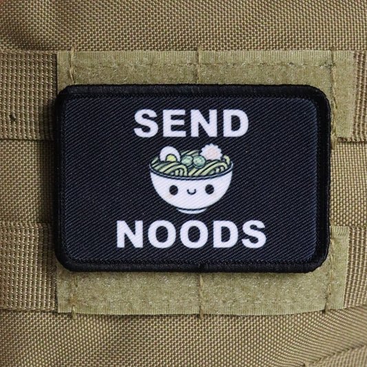 send noods ramen noodle meme cute  2"x3" morale patch with hook and loop backing