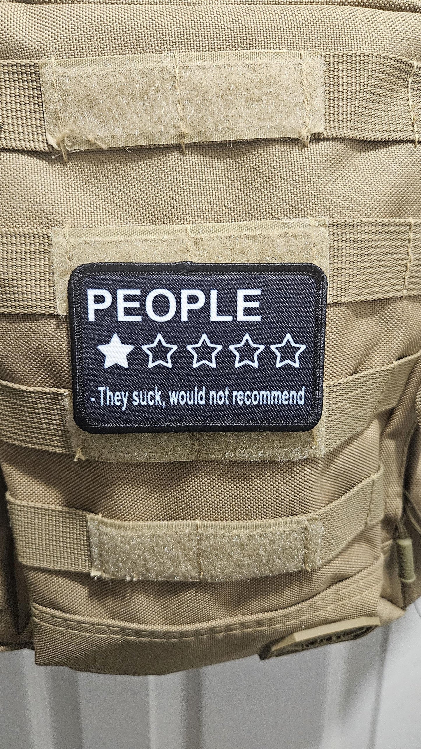 People one stare review meme 2"x3" morale patch with hook and loop backing