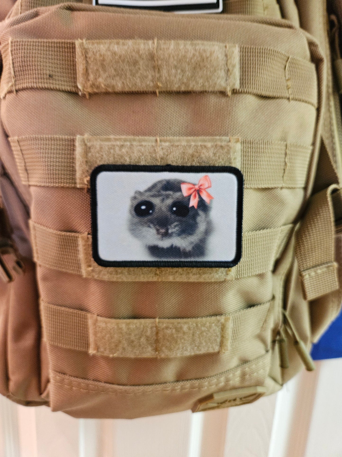 Sad hamster coquette meme 2"x3" removable morale patch with hook and loop backing