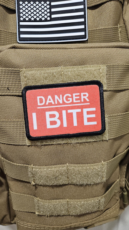 Danger I bite dog vest patch 2"x3" removable morale patch with hook and loop backing