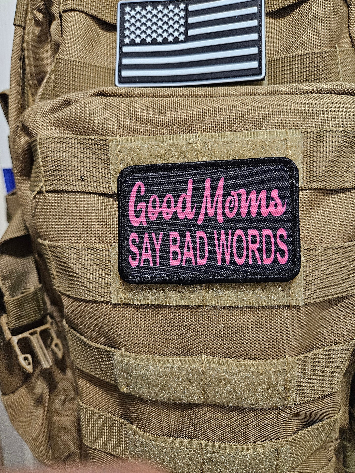 Good moms say bad words meme 2"x3" removable morale patch with hook and loop backing