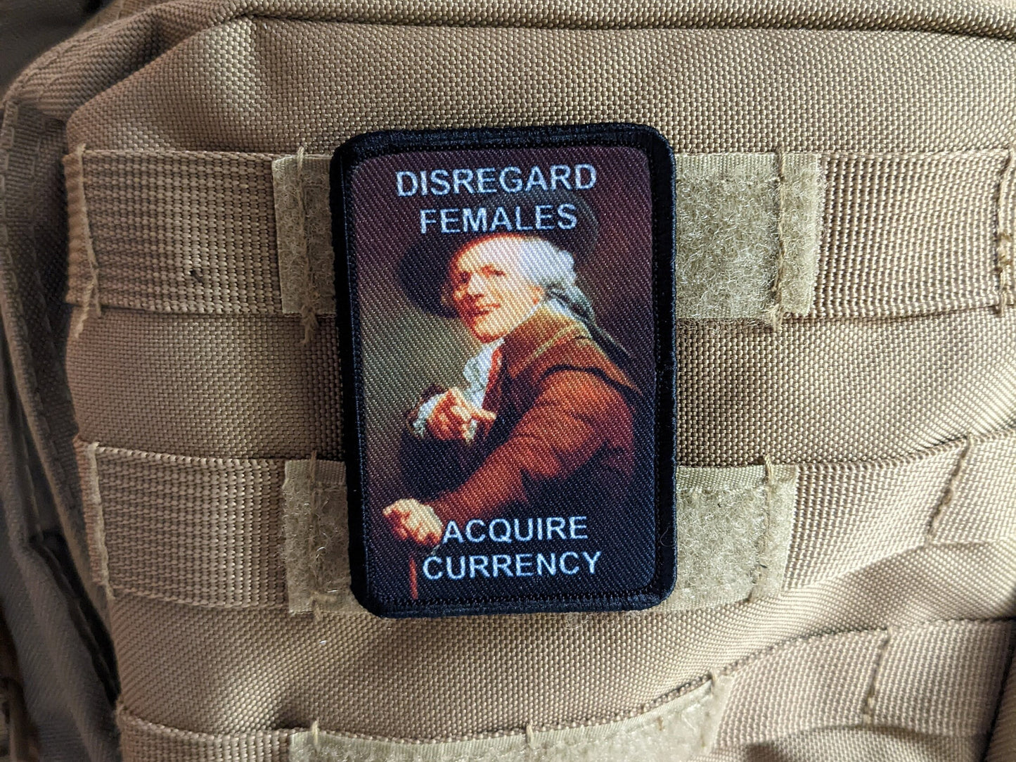 Disregard females acquire currency meme 2"x3" morale patch with hook and loop backing