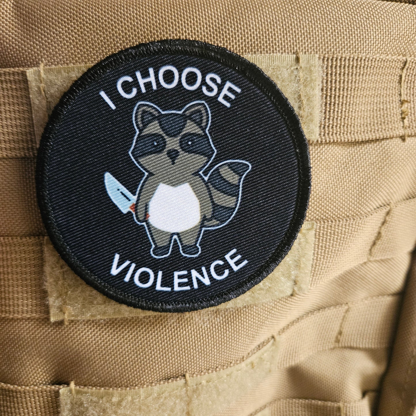 Cute raccoon I choose violence meme 3" circle removable morale patch with hook and loop backing