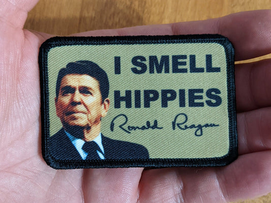 I smell hippies Ronald Reagan joke 2"x3" morale patch with hook and loop backing
