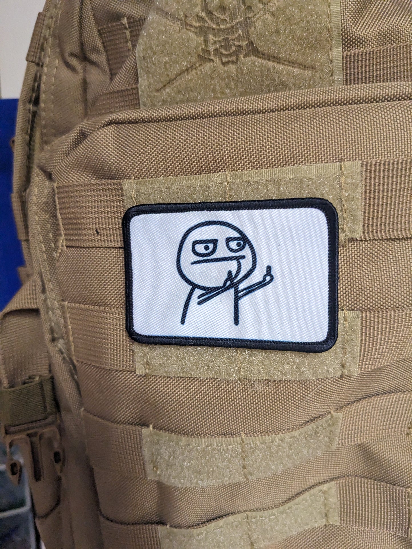 Double middle finger guy meme  white background 2"x3" morale patch with hook and loop backing