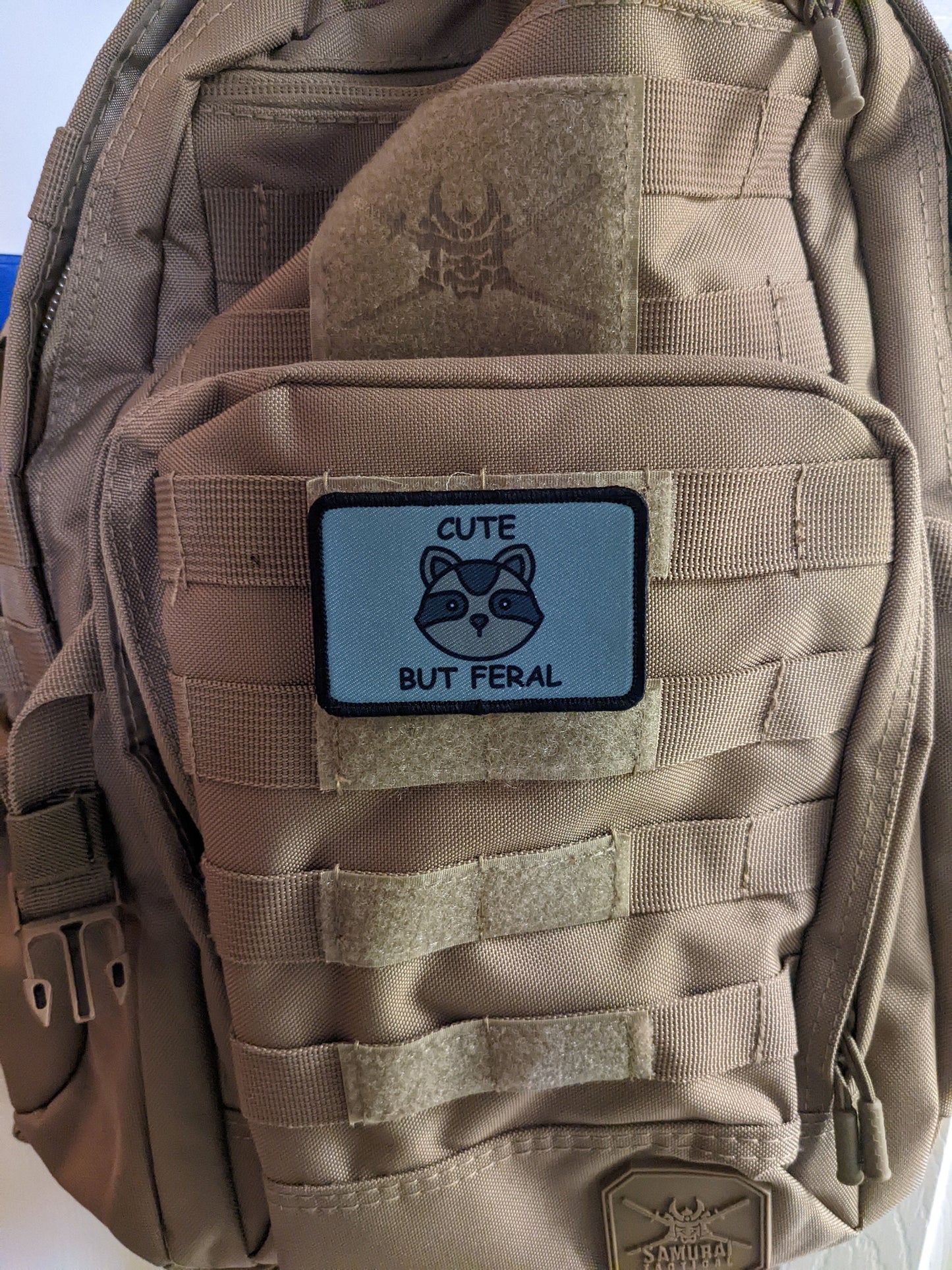 Cute but feral funny raccoon meme 2"x3" morale patch with hook and loop backing