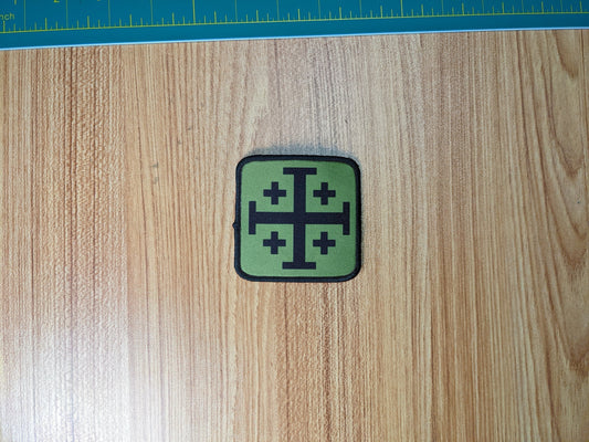 Jerusalem Cross  olive background green  3"x3" square removable morale patch with hook and loop backing