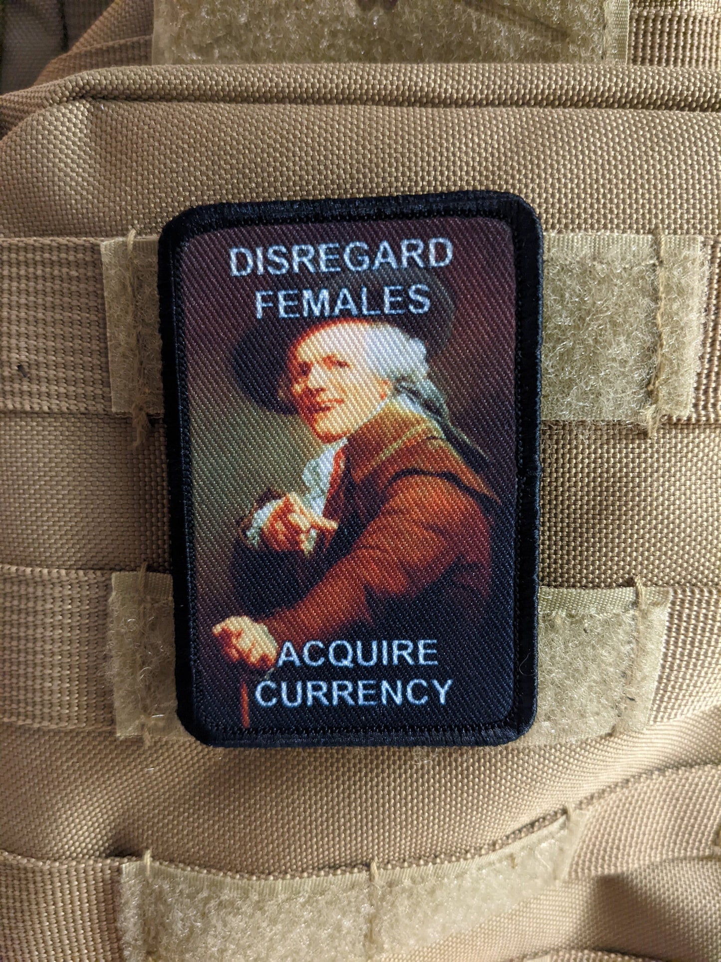 Disregard females acquire currency meme 2"x3" morale patch with hook and loop backing