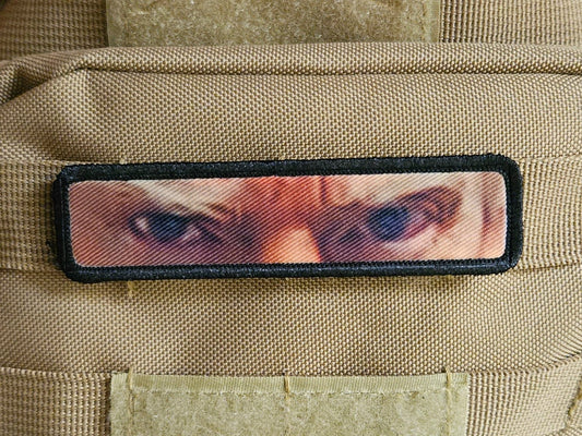 mug shot eyes watching you 1"x4" removable morale patch with hook and loop backing good for back of operator hats