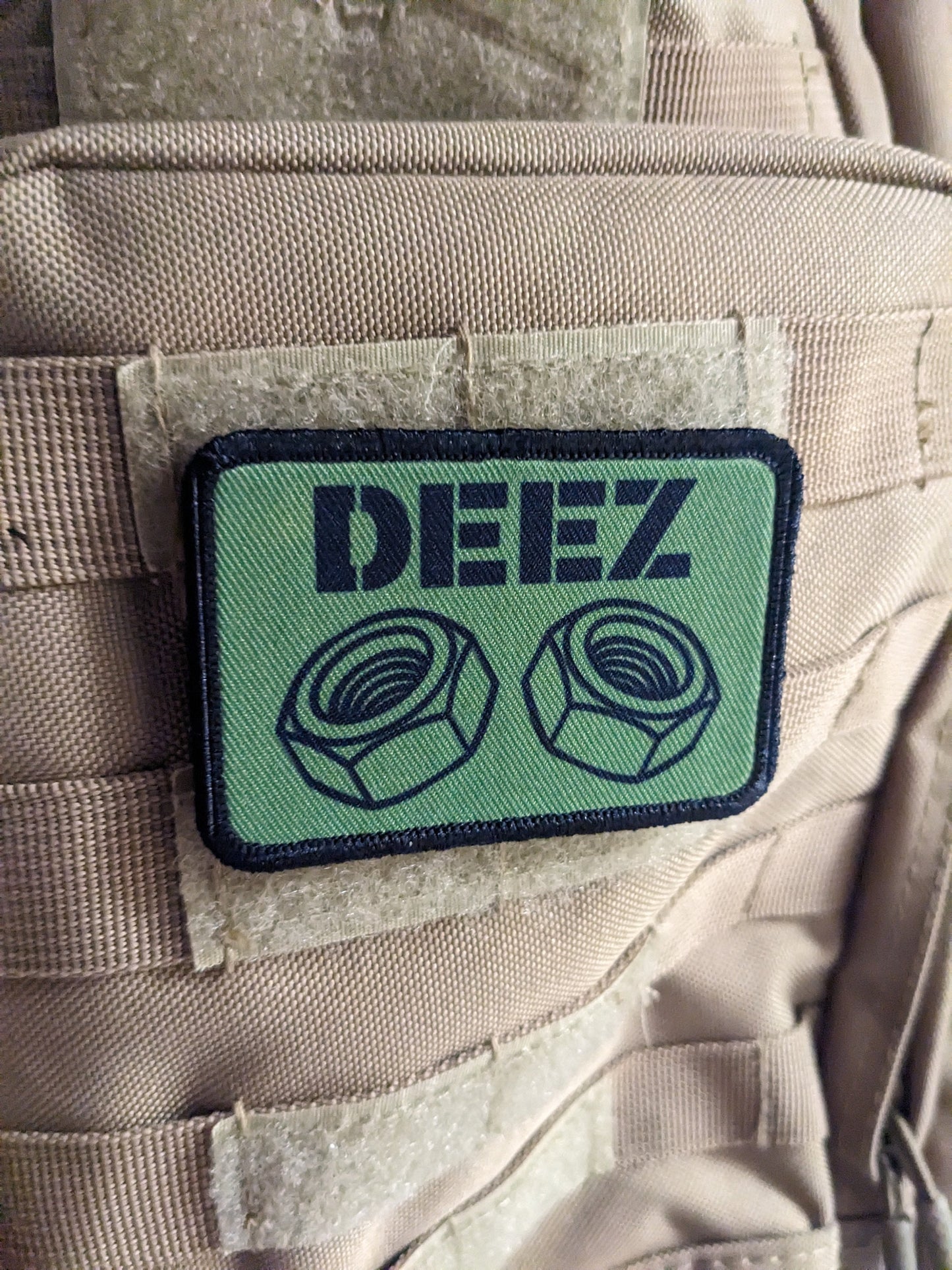 Deez nuts and bolts funny removable patch olive green 2"x3" morale patch with hook and loop backing