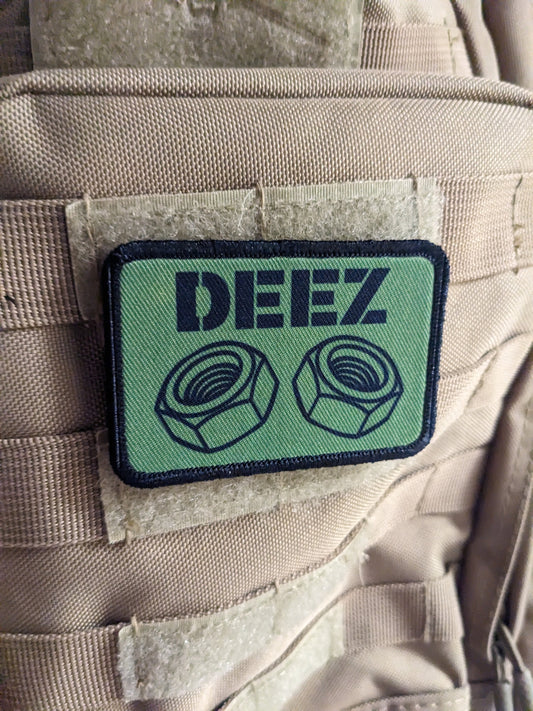 Deez nuts and bolts funny removable patch olive green 2"x3" morale patch with hook and loop backing