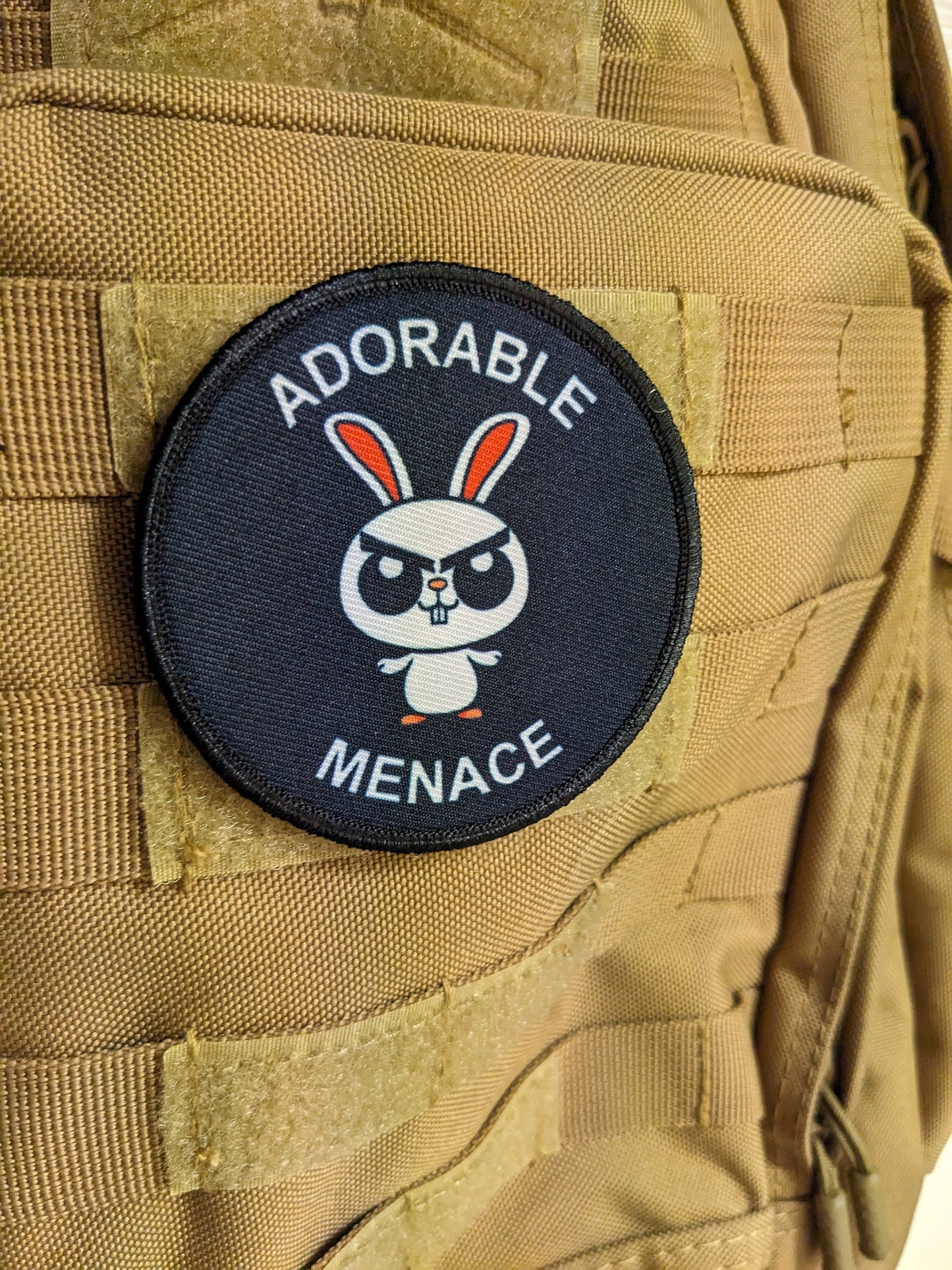 Cute bunny rabbit  adorable menace meme 3" circle removable morale patch with hook and loop backing toddler