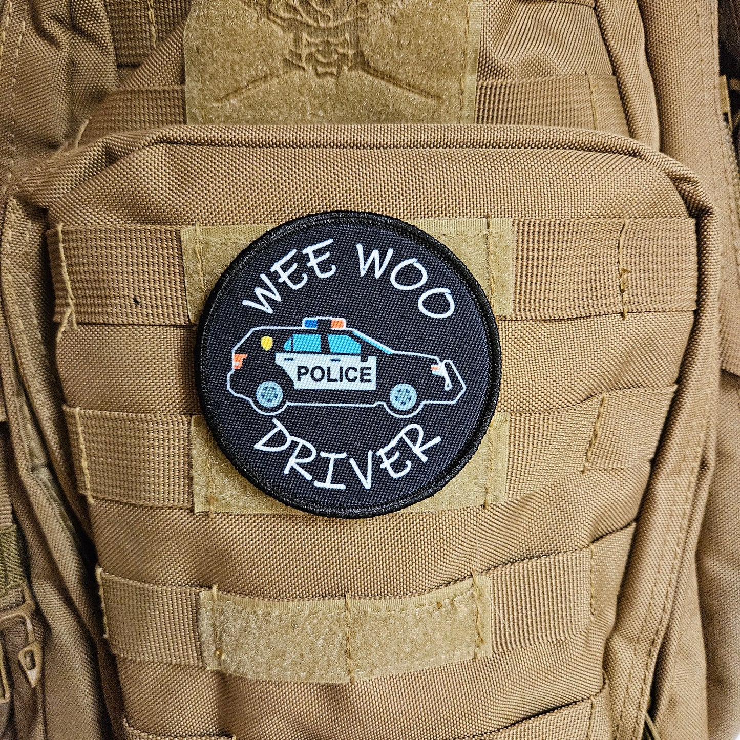 Wee woo driver police SUV driver funny 3" circle removable morale patch with hook and loop backing