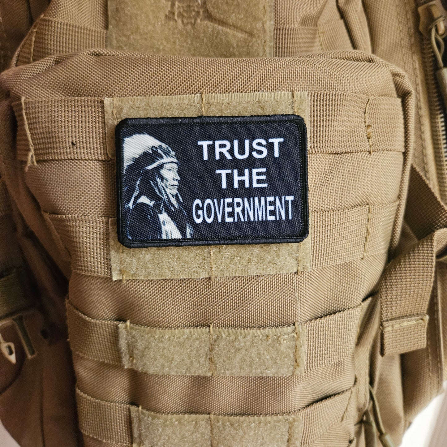 Trust your government libertarian meme  2"x3" removable morale patch with hook and loop backing