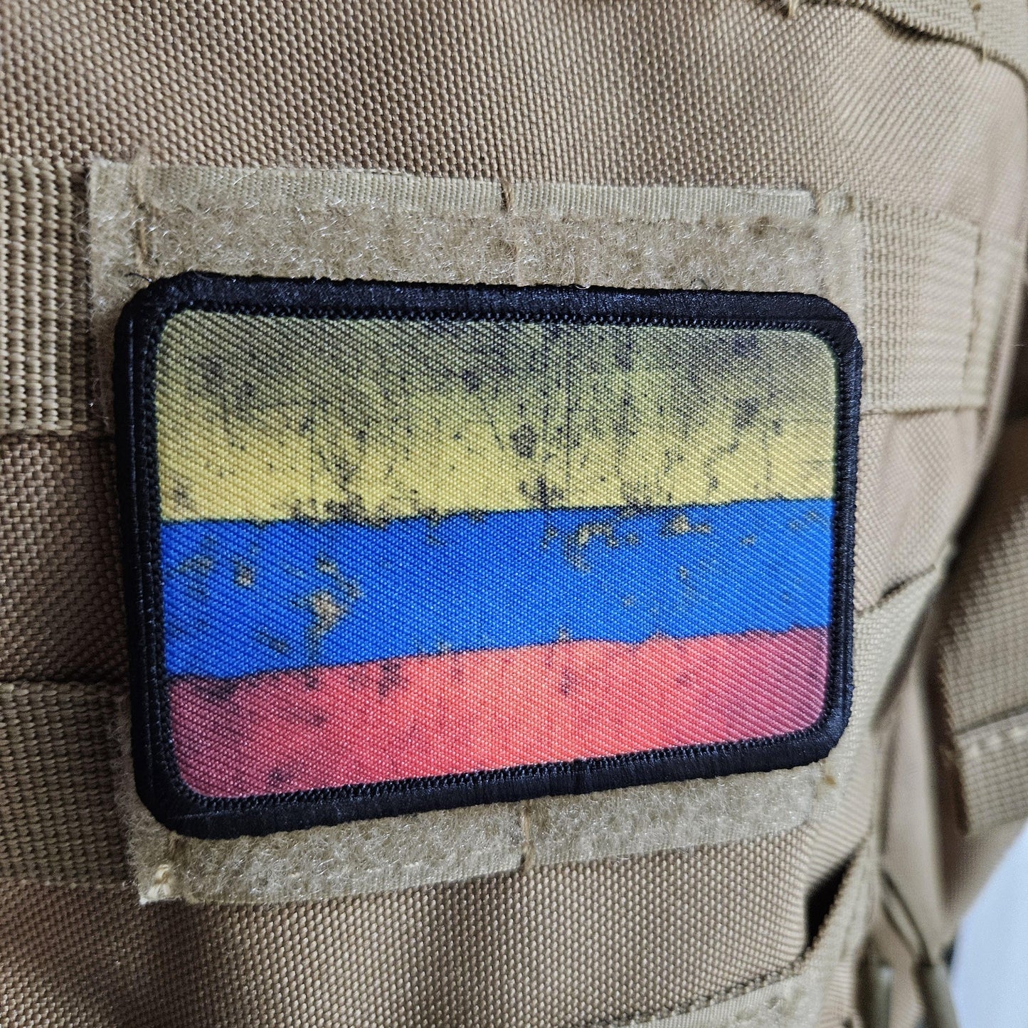 distressed Colombian flag 2"x3" morale patch with hook and loop backing