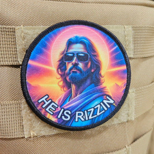 He is rizzin Jesus 80s Christian meme 3" circle morale patch with hook and loop backing