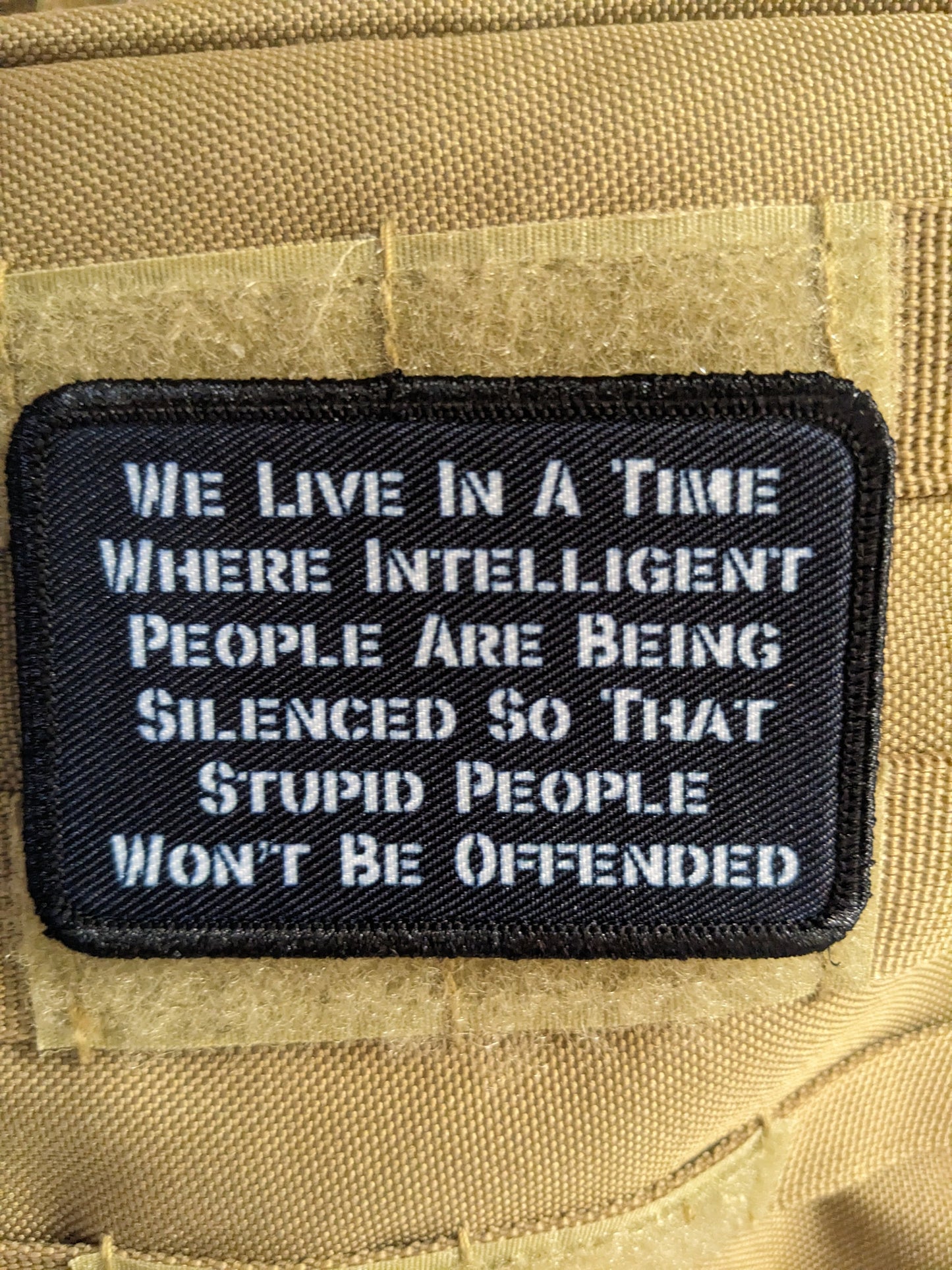 We live in a time where intelligent people are being silenced 2"x3" morale patch with hook and loop backing