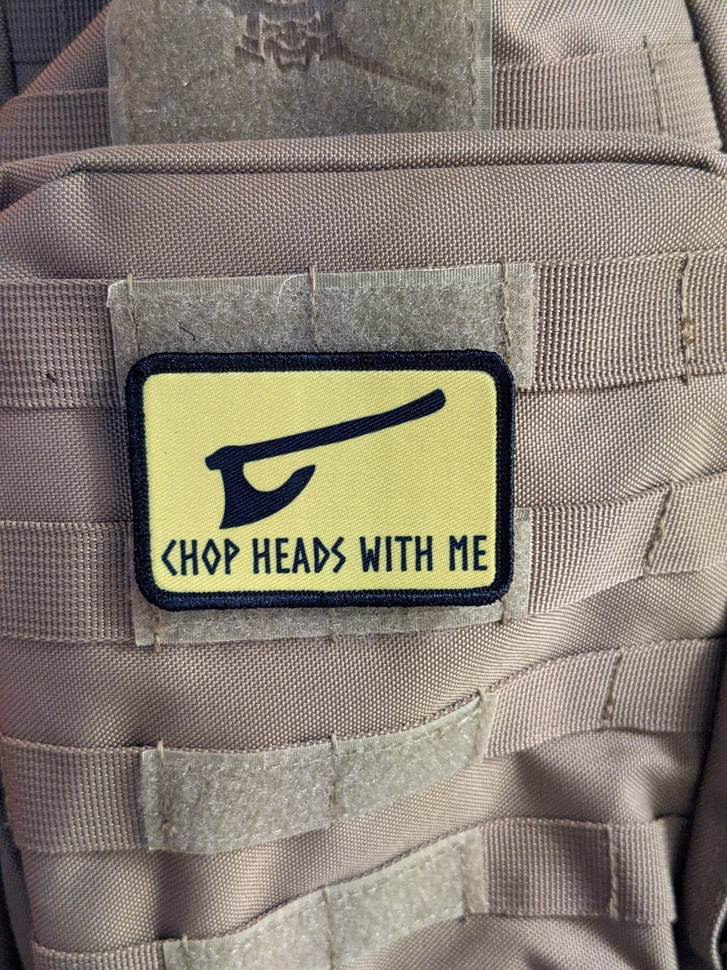 Chop heads with me Viking Norse version of Gadsden flag 2"x3" morale patch with hook and loop backing