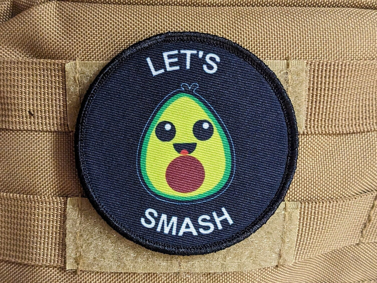 Cute avocado guacamole let's smash meme 3" circle removable morale patch with hook and loop backing