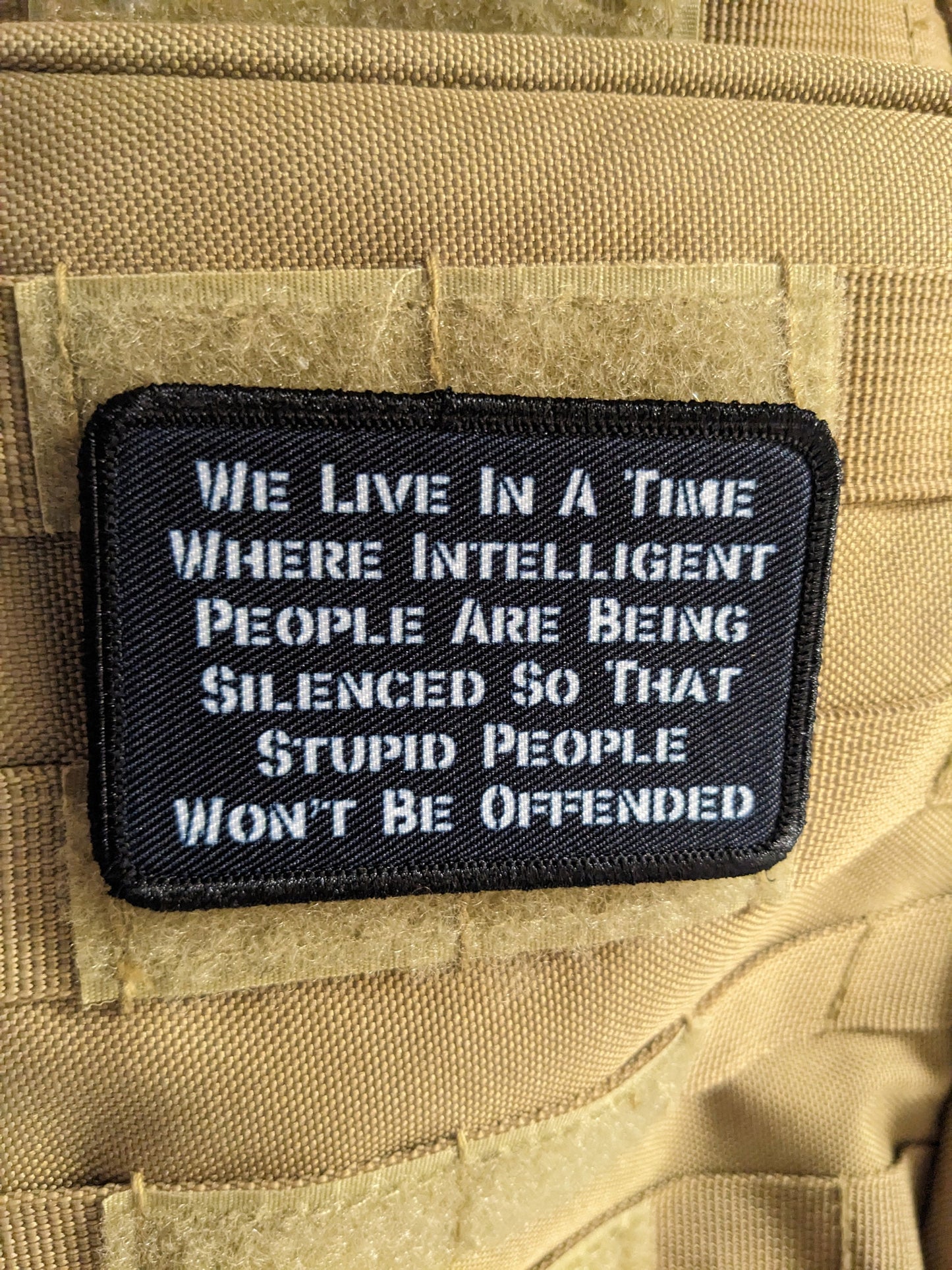 We live in a time where intelligent people are being silenced 2"x3" morale patch with hook and loop backing